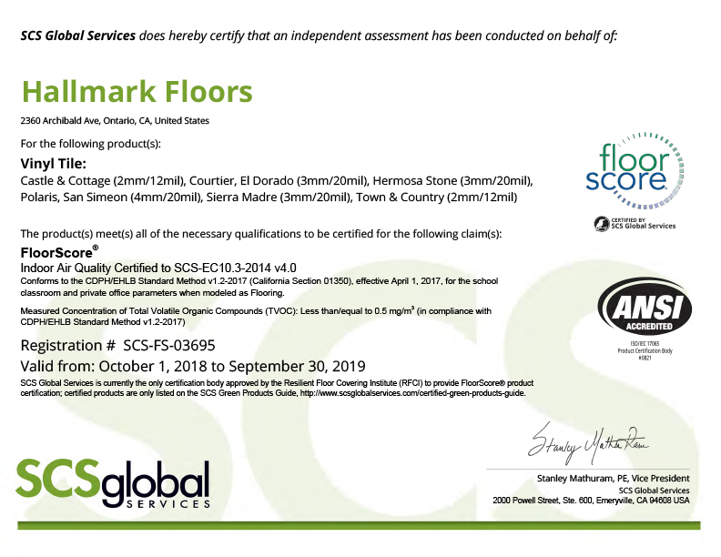 FloorScore SCS FS 03695 Certification for Hallmark Floors